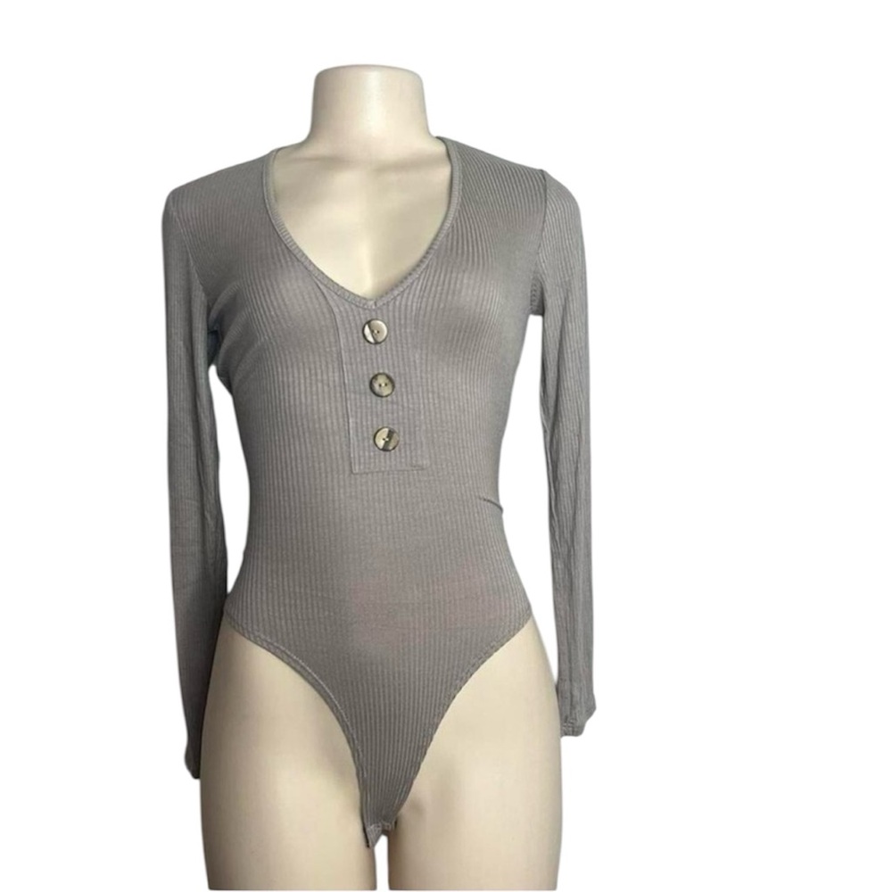 Women's Long Sleeve Ribbed V-Neck Bodysuit in Taupe